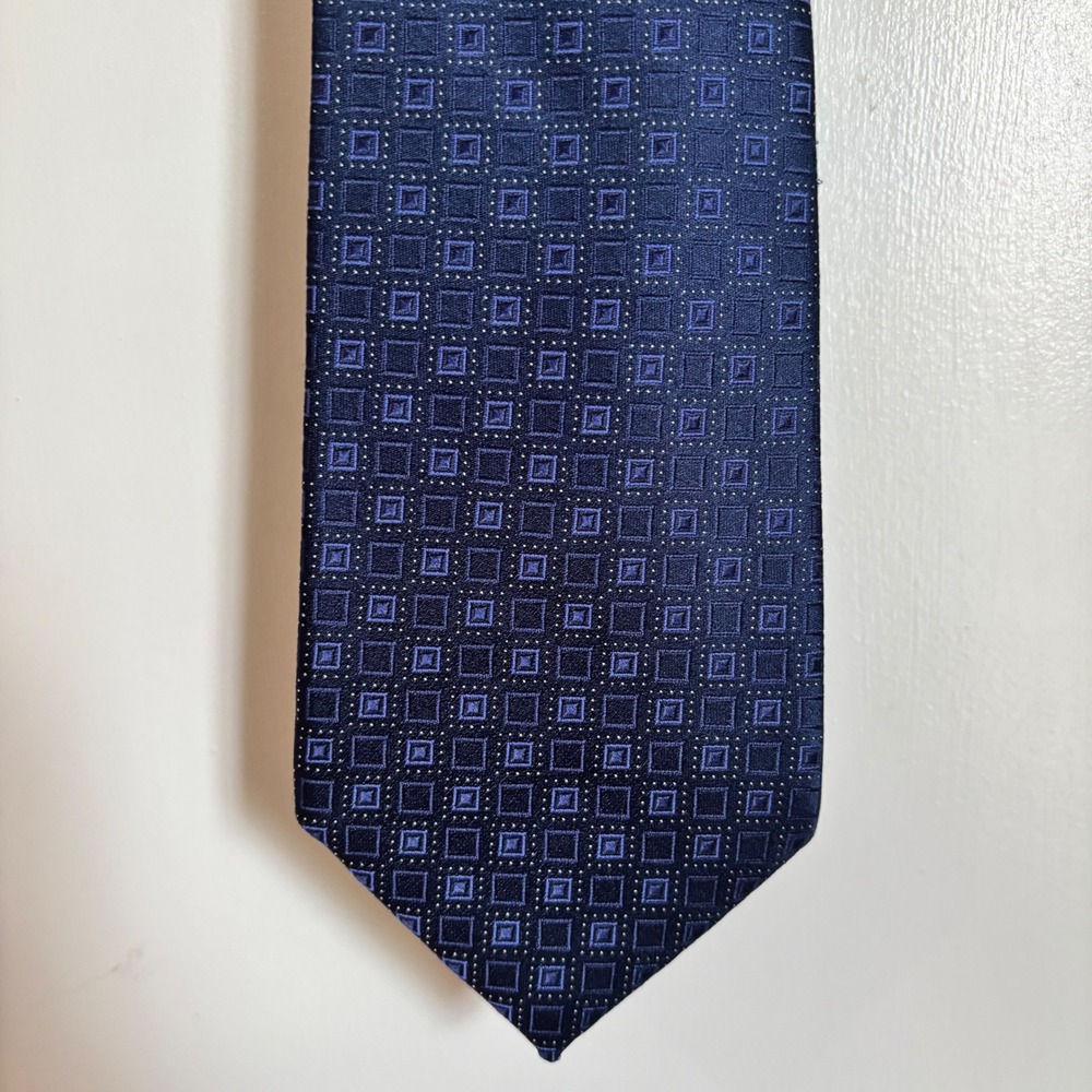 DKNY Silk Necktie Blue Geometric Square Pattern Mens Formal Business Tie 60 Inch
